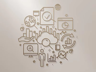 Modern Decorative Wall Hanging With Cloud Charts Globe Magnifying Glass And Data Icons 3d model