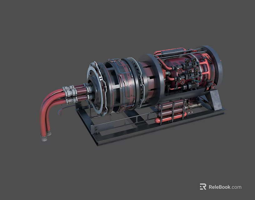 Industrial Mechanical Engine Featuring Red Pipes Black Base And Detailed Structure 3d model 