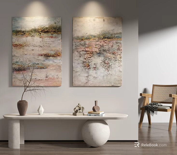 Abstract Paintings On Wall With White Console Table Decorative Items And Wicker Chair 3d model 