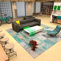 Cartoon Style Living Room Interior With Sofa Rug Chair Bicycle Bookshelf And Green Cabinets