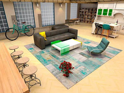 Cartoon Style Living Room Interior With Sofa Rug Chair Bicycle Bookshelf And Green Cabinets 3d model