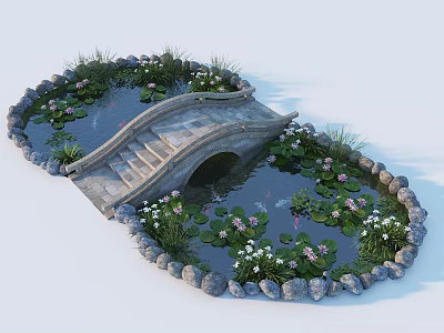 Scenic Pond With Stone Bridge Steps Lily Pads White Lotus And Stone Border 3d model