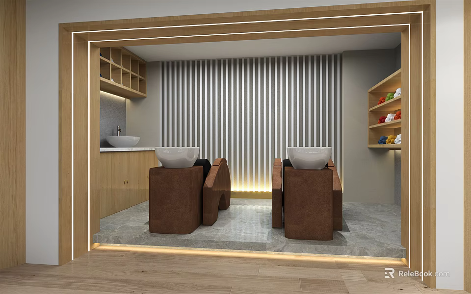 Modern Hair Salon Interior With Two Brown Chairs Wooden Cabinets Shelves And Striped Blinds 3d model 
