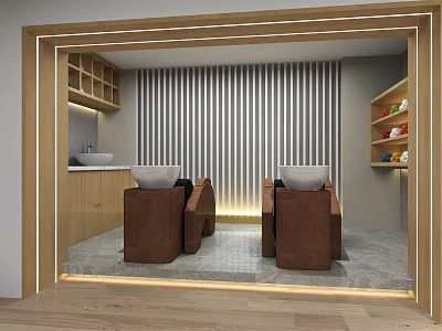 Modern Hair Salon Interior With Two Brown Chairs Wooden Cabinets Shelves And Striped Blinds 3d model