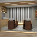 Modern Hair Salon Interior With Two Brown Chairs Wooden Cabinets Shelves And Striped Blinds