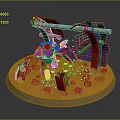 Blue Robot Warrior With Weapon On Orange Ground Near Red Broken Structures And Black Stones