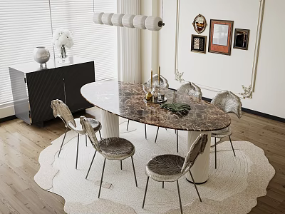 Elegant Dining Table and Chairs Set with Marble Top Upholstered Metal Legs and Round Rug 3d model