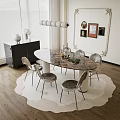 Elegant Dining Table and Chairs Set with Marble Top Upholstered Metal Legs and Round Rug