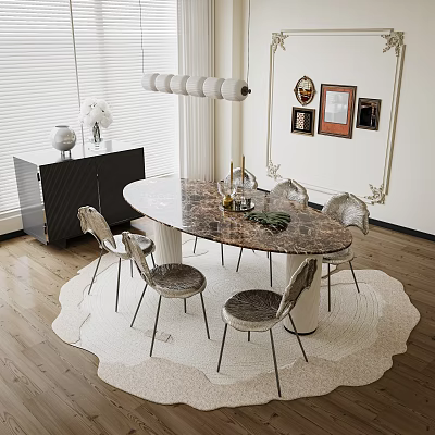 Elegant Dining Table and Chairs Set with Marble Top Upholstered Metal Legs and Round Rug 3d model