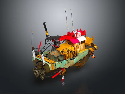Vintage Wooden Boat With Colorful Mechanical Parts Antennas And Handcrafted Design 3d model