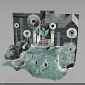 Ancient Scene With Stone Walls Circular Ornaments Water Pool And Central Structure