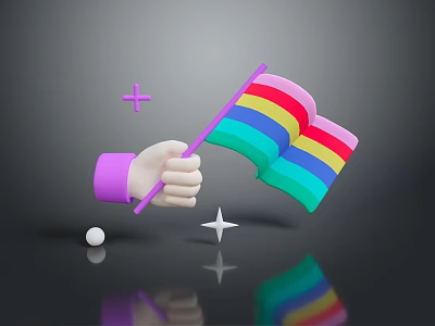 Purple Sleeved Hand Holding Rainbow Flag On Electronic Appliance With Star And Ball 3d model