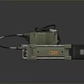 Futuristic Tactical Weapon Featuring Green Metallic Body Attached Cables And Orange Logos