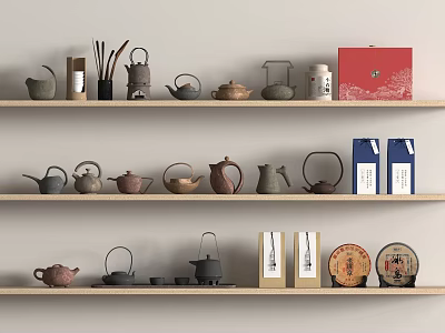 Assorted Teaware On Light Wooden Shelves With Teapots Jars Colorful Boxes And Tea Cakes 3d model
