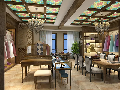 Shopping Mall Clothing Store Interior With Display Racks Decorative Ceiling Chandelier And Mirror Table 3d model