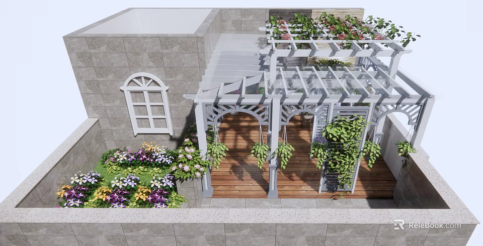 Rooftop Garden Design With Gray Stone Walls White Pergola Wooden Deck And Colorful Flowers 3d model 