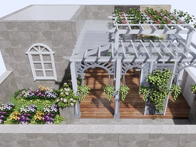 Rooftop Garden Design With Gray Stone Walls White Pergola Wooden Deck And Colorful Flowers 3d model