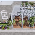 Rooftop Garden Design With Gray Stone Walls White Pergola Wooden Deck And Colorful Flowers