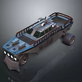 Futuristic Armored Car with Large Wheels Metallic Blue Exterior and Reinforced Roof Structure