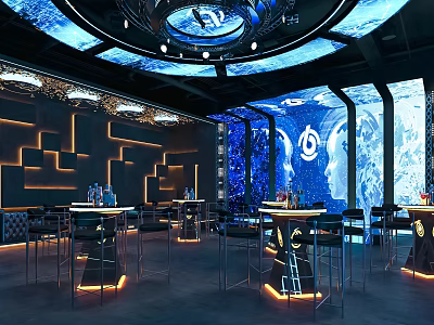 Futuristic Bar Interior Design With Blue Lighting And Geometric Wall Decor 3d model