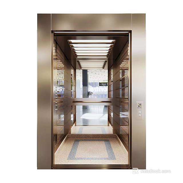 Modern Elevator Interior With Stainless Steel Walls Ceiling Lights And Patterned Carpet 3d model 