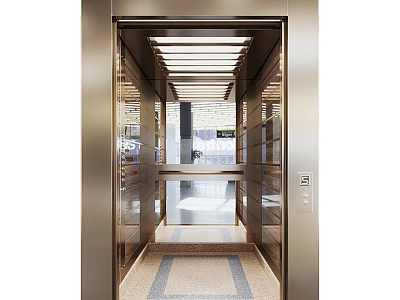 Modern Elevator Interior With Stainless Steel Walls Ceiling Lights And Patterned Carpet 3d model