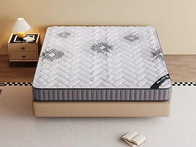 Comfortable Mattress With Patterned Surface On Bed Base Near Nightstand And Table Lamp 3d model