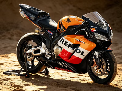 Honda Repsol Racing Motorcycle In Orange Black Red Colors On Sandy Ground 3d model