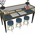 Elegant Glass Display Cabinet With Blue Countertop And Three Blue Stools For Display Items