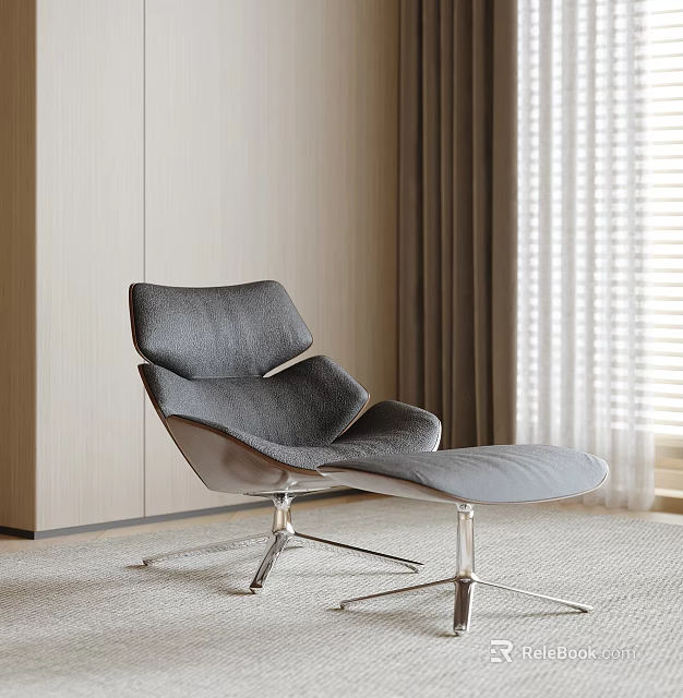 Gray Accent Chair with Metal Legs Against Wooden Wall and Gray Curtains on Carpeted Floor 3d model 