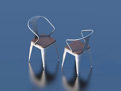 Two Stylish Leisure Chairs With White Metal Frame Wooden Seat And Curved Armrests 3d model
