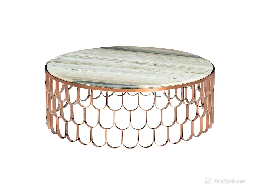 Round Coffee Table With Marble Top And Copper Scalloped Openwork Base 3d model