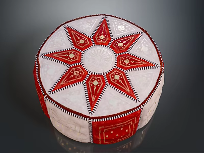 Round Decorative Cushion In Red And White With Star Pattern And Stitched Edges 3d model