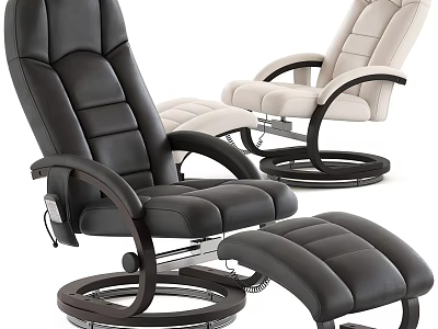 Comfortable Leather Leisure Chair With Black And Beige Wooden Armrests Round Metal Base And Ottoman 3d model