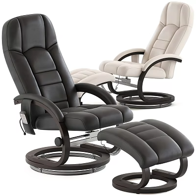 Comfortable Leather Leisure Chair With Black And Beige Wooden Armrests Round Metal Base And Ottoman 3d model