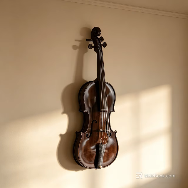 Vintage Wooden Violin Hanging On Wall With Sunlight Shadow Effect 3d model 
