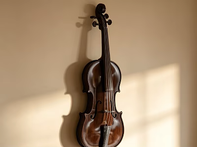 Vintage Wooden Violin Hanging On Wall With Sunlight Shadow Effect 3d model
