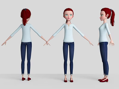 Woman with Red Hair White Top Blue Jeans and Red Shoes in Three Views 3d model