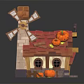 Charming Small Cottage With Windmill Red Roof And Pumpkins On Exterior