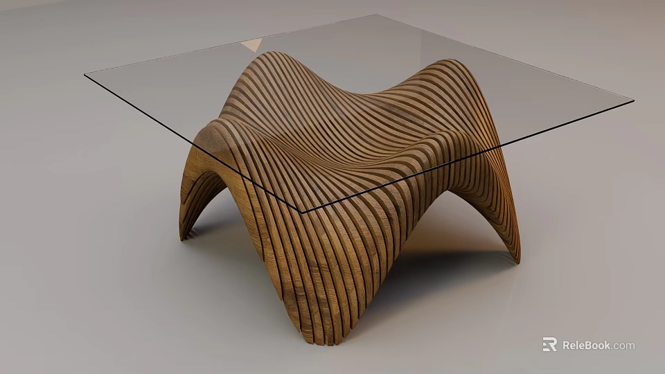 Unique Tea Table With Glass Top And Artistic Curved Striped Wooden Structure Design 3d model 
