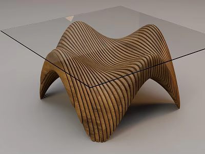 Unique Tea Table With Glass Top And Artistic Curved Striped Wooden Structure Design 3d model