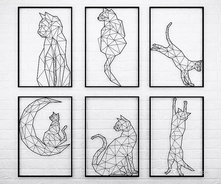 Geometric Line Style Cat Artworks with Six Different Poses as Wall Decor 3d model 