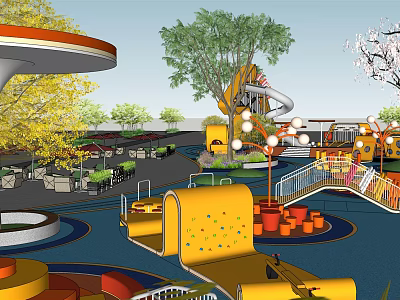 Colorful Outdoor Playground Activity Space With Slides Trees Seating And Play Structures 3d model