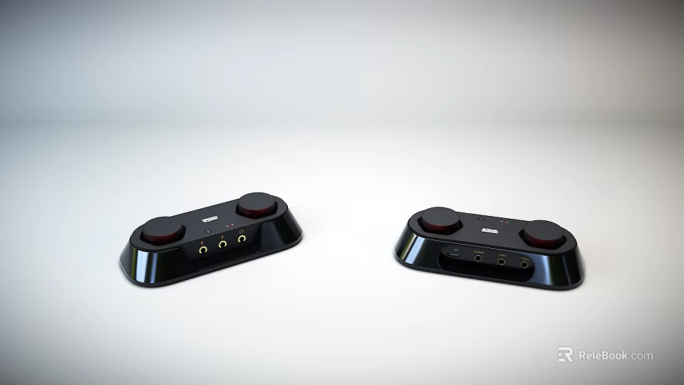 Pair of Modern Black Headphone Speakers with Control Buttons and Audio Ports 3d model 