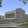 Modern Office Building With Large Glass Windows Surrounded By Landscaped Gardens Reflecting Pool And Sculptures