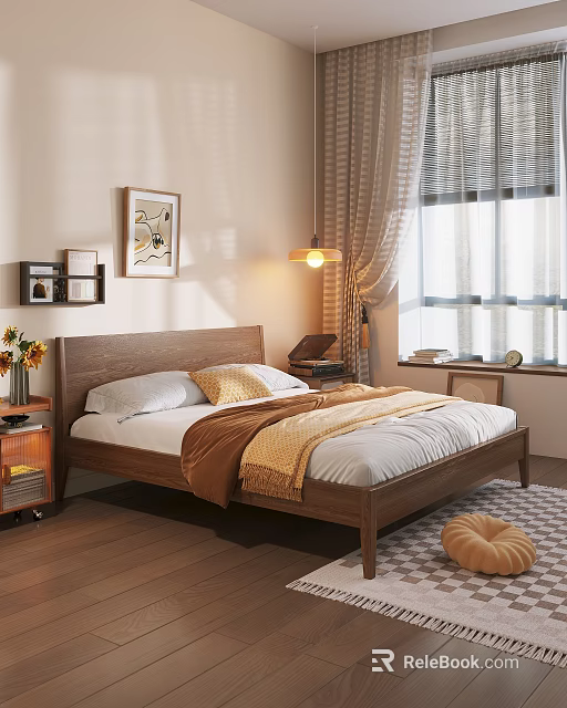 Wooden Double Bed In Modern Cozy Bedroom With White Sheets Nightstand And Sunflowers 3d model 