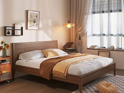 Wooden Double Bed In Modern Cozy Bedroom With White Sheets Nightstand And Sunflowers 3d model