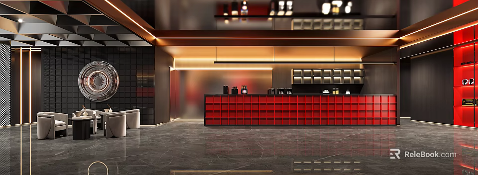 Modern Internet Cafe Interior With Red Counter And Drinks Area Lighting 3d model 