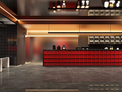 Modern Internet Cafe Interior With Red Counter And Drinks Area Lighting 3d model