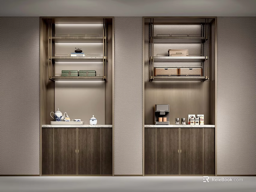 Modern Sleek Wooden Sideboard Featuring Open Shelves And Storage Cabinets In Dining Room 3d model 